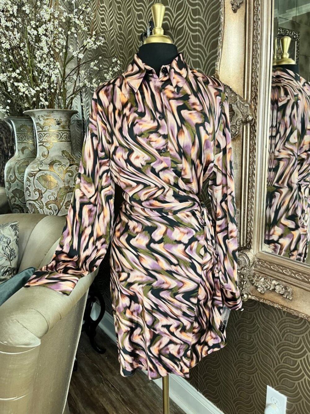 Donna Morgan colorful vibrant abstract marble swirl print dress